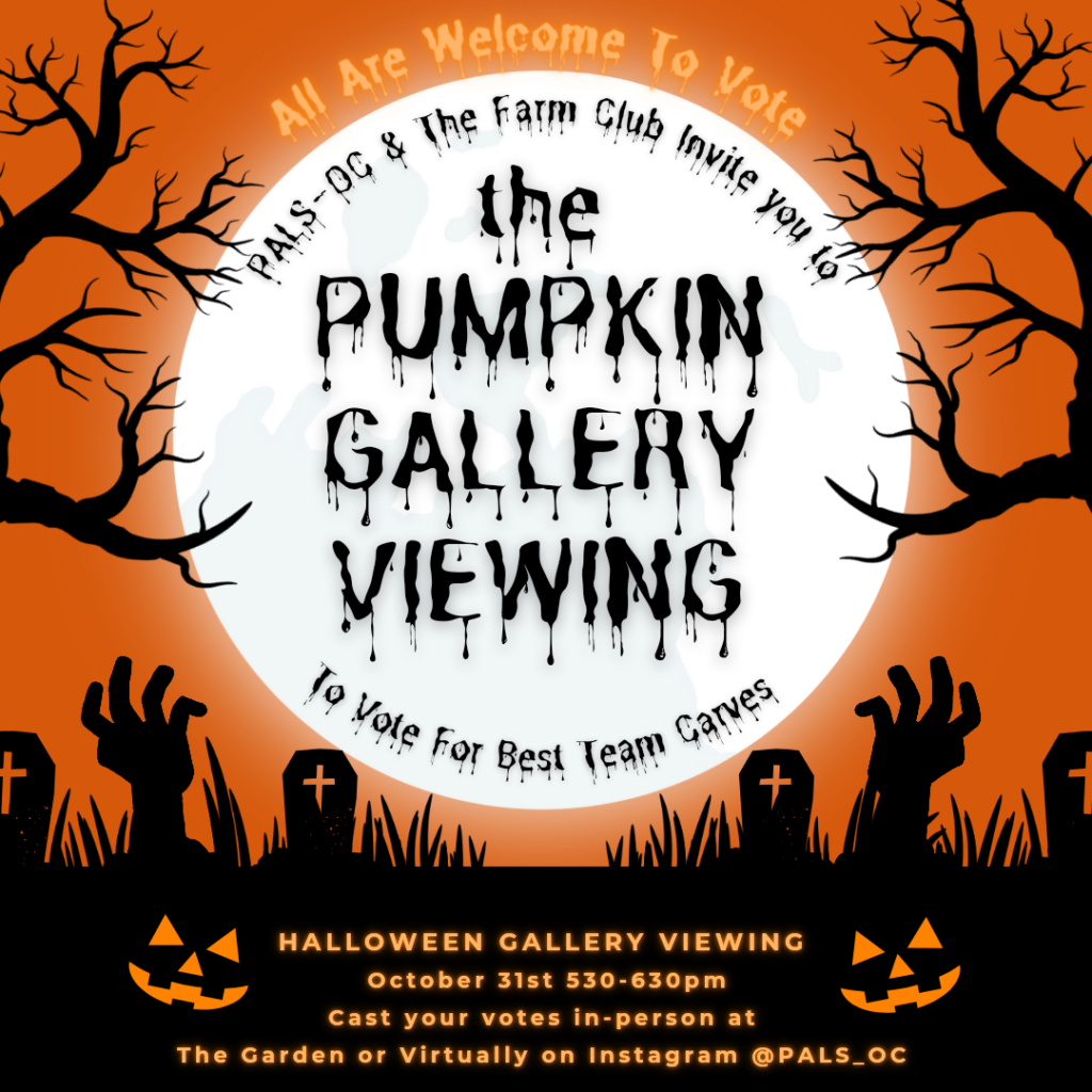 This is a collaborative event led/co-organized by the Psychology Association Of Lakehead Students (PALS-OC). Follow PALS-OC on Instagram to vote virtually - if you can't make the pumpkin gallery walk! Thanks PALS!!! 

All 15 carved pumpkins will be lit up and displayed at Farm Lab on HALLOWEEN EVENING  - Thursday, Oct. 31st starting at 5:30pm (and into the early evening). Come and see and vote for your favourites (top 3 will be awarded prizes!